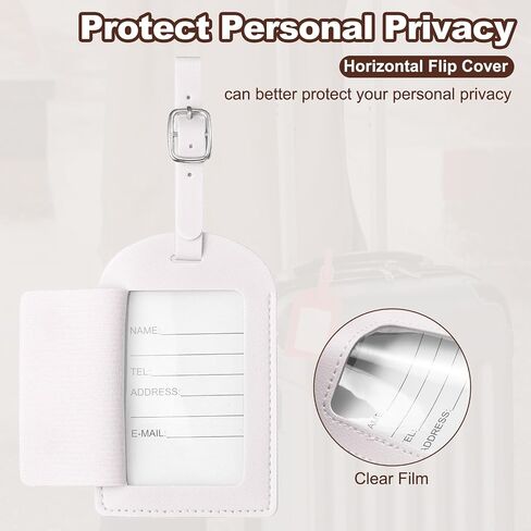 uxcell 4 Pcs Luggage Tags, PU Leather Suitcases ID Bag Tags Luggage Identifiers Privacy Protection Travel Accessories Essential for Air Cruise International Travel(White, Horizontal Flip) in Kuwait