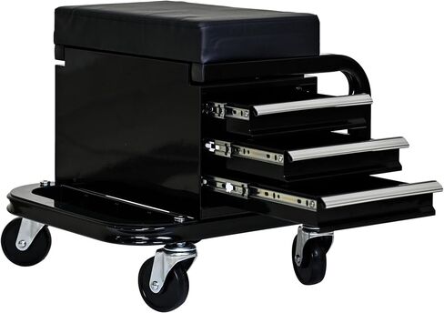 3-Drawer Rolling Mechanic Stool with Padded Seat, 300 lbs Capacity, Tool Storage Cart with Casters, Black in Kuwait