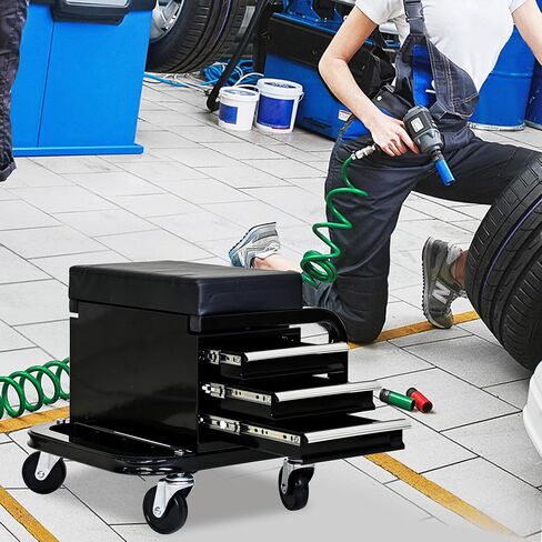 3-Drawer Rolling Mechanic Stool with Padded Seat, 300 lbs Capacity, Tool Storage Cart with Casters, Black in Kuwait