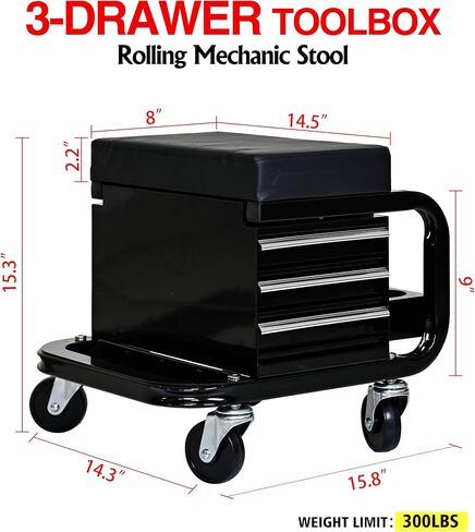 3-Drawer Rolling Mechanic Stool with Padded Seat, 300 lbs Capacity, Tool Storage Cart with Casters, Black in Kuwait