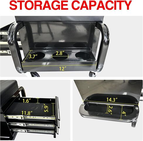 3-Drawer Rolling Mechanic Stool with Padded Seat, 300 lbs Capacity, Tool Storage Cart with Casters, Black in Kuwait