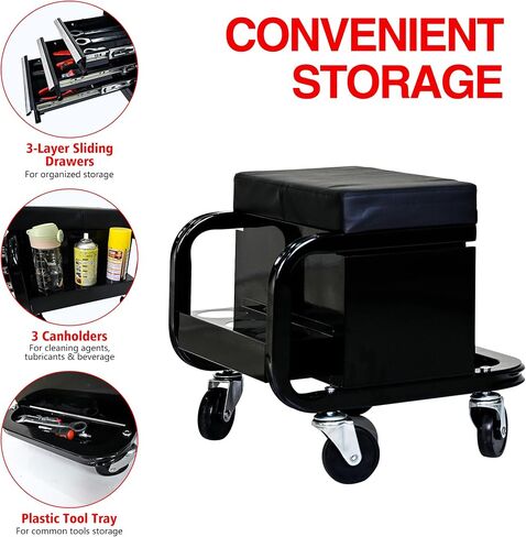 3-Drawer Rolling Mechanic Stool with Padded Seat, 300 lbs Capacity, Tool Storage Cart with Casters, Black in Kuwait
