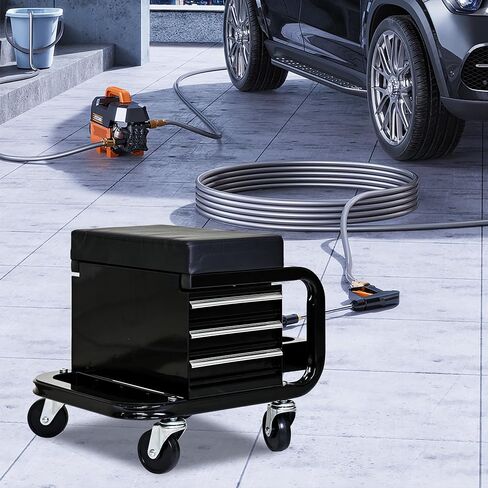 3-Drawer Rolling Mechanic Stool with Padded Seat, 300 lbs Capacity, Tool Storage Cart with Casters, Black in Kuwait