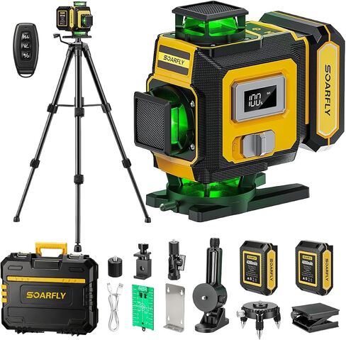 مستوى ليزر SOARFLY مع حامل ثلاثي القوائم، مستوى ليزر 4D ذاتي الشعاع الأخضر 4x360 درجة، بطاريات ليثيوم مزدوجة 4000 مللي أمبير في الساعة، مجموعة مستوى الليزر لتركيب البلاط، والتأطير، وتعليق الصور وتجديد المنزل in Kuwait