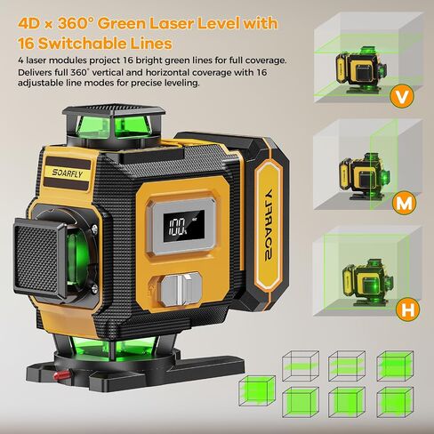 مستوى ليزر SOARFLY مع حامل ثلاثي القوائم، مستوى ليزر 4D ذاتي الشعاع الأخضر 4x360 درجة، بطاريات ليثيوم مزدوجة 4000 مللي أمبير في الساعة، مجموعة مستوى الليزر لتركيب البلاط، والتأطير، وتعليق الصور وتجديد المنزل in Kuwait