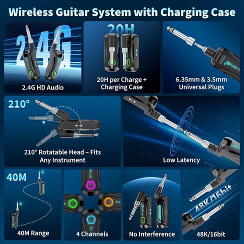 Wireless Guitar System with Charging Case for Electric Guitar & Bass, Rechargeable 2.4G Transmitter Receiver, Low Latency HD Audio 60H Battery 4 Channels Plug & Play for Stage, Studio & Home Practice in Kuwait
