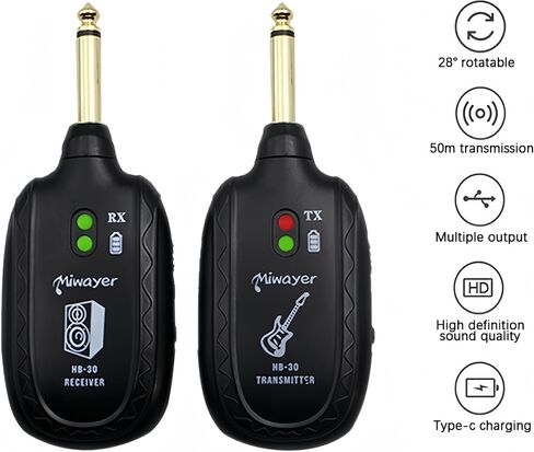 Miwayer Wireless Guitar System UHF Audio Built in Rechargeable Lithium Battery Wireless Guitar Transmitter Receiver System for Electric Guitar Bass Violin Keyboard Accessories (HB-30 Black) in Kuwait