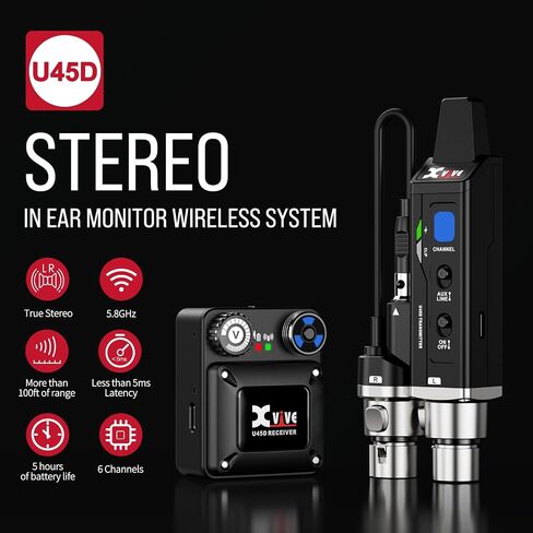 نظام مراقبة Xvive U45D ستيريو لاسلكي داخل الأذن، نظام IEM احترافي 5.8 جيجا هرتز مع زمن استجابة أقل من 5 مللي ثانية، مسح قناة ذكية و4 أوضاع مراقبة للموسيقيين والمطربين وفريق العبادة in Saudi Arabia