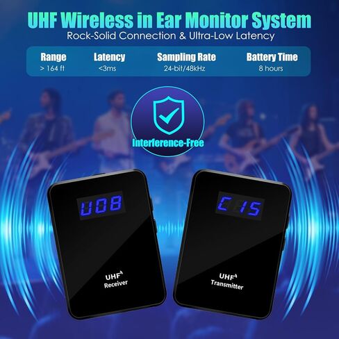 UHF Wireless in-Ear Monitor System – Clip-On Receiver & Transmitter, Low Latency, Auto-Pairing, One-to-Many IEM for Band Rehearsal, Studio, Church, Live Broadcast in Kuwait