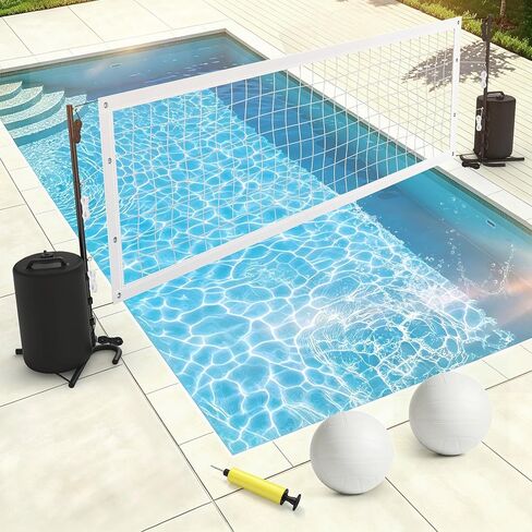 Pool Volleyball Set, Adjustable Swimming Pool Volleyball Net for Inground Pools, Outdoor Pool Game Set with 25L Water Bags for Stability，No Drilling in Kuwait