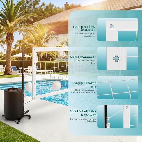 Pool Volleyball Set, Adjustable Swimming Pool Volleyball Net for Inground Pools, Outdoor Pool Game Set with 25L Water Bags for Stability，No Drilling in Kuwait