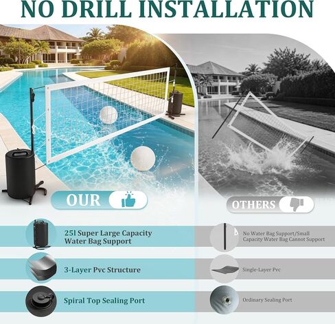 Pool Volleyball Set, Adjustable Swimming Pool Volleyball Net for Inground Pools, Outdoor Pool Game Set with 25L Water Bags for Stability，No Drilling in Kuwait