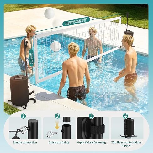 Pool Volleyball Set, Adjustable Swimming Pool Volleyball Net for Inground Pools, Outdoor Pool Game Set with 25L Water Bags for Stability，No Drilling in Kuwait