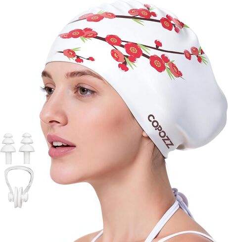 COPOZZ Extra Large Swim Cap for Women - Super Stretchy & Waterproof Silicone, Fits All Hair Types Long Short Thick Curly & Dreadlocks, Includes Earplugs & Nose Clip in Kuwait