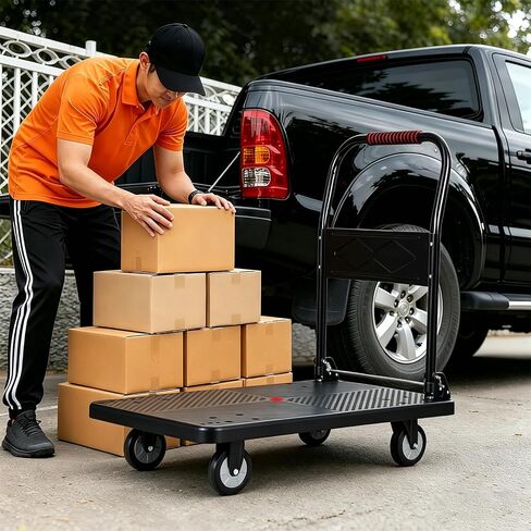 330 lb Folding Platform Truck Cart with 4" Silent TPR Wheels, Heavy Duty Flatbed Push Cart Dolly, Foldable Moving Utility Cart for Warehouse Garage Office Home, Black in Kuwait