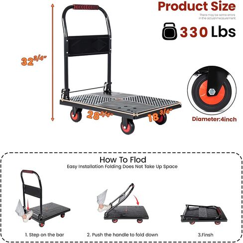 330 lb Folding Platform Truck Cart with 4" Silent TPR Wheels, Heavy Duty Flatbed Push Cart Dolly, Foldable Moving Utility Cart for Warehouse Garage Office Home, Black in Kuwait