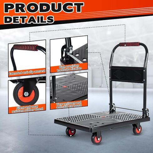 330 lb Folding Platform Truck Cart with 4" Silent TPR Wheels, Heavy Duty Flatbed Push Cart Dolly, Foldable Moving Utility Cart for Warehouse Garage Office Home, Black in Kuwait