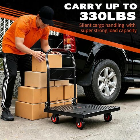 330 lb Folding Platform Truck Cart with 4" Silent TPR Wheels, Heavy Duty Flatbed Push Cart Dolly, Foldable Moving Utility Cart for Warehouse Garage Office Home, Black in Kuwait