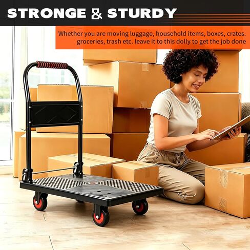 330 lb Folding Platform Truck Cart with 4" Silent TPR Wheels, Heavy Duty Flatbed Push Cart Dolly, Foldable Moving Utility Cart for Warehouse Garage Office Home, Black in Kuwait