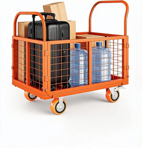 Garvee 1800 Lbs Platform Truck Cart with Cage, Heavy Duty 6-in-1 Foldable Flatbed Cart Hand Truck Dolly, Multi-Functional Push Cart with 360°Wheels, Cage Trolley for Warehouse, Grocery & Moving,Orange in Kuwait