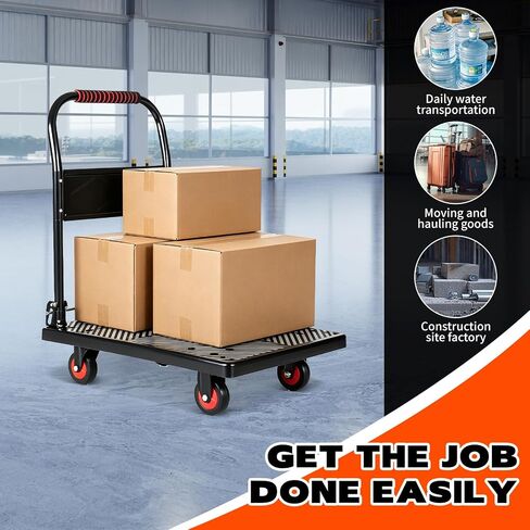 330 lb Folding Platform Truck Cart with 4" Silent TPR Wheels, Heavy Duty Flatbed Push Cart Dolly, Foldable Moving Utility Cart for Warehouse Garage Office Home, Black in Kuwait
