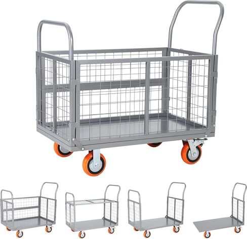 Garvee 1800 Lbs Platform Truck Cart with Cage, Heavy Duty 6-in-1 Foldable Flatbed Cart Hand Truck Dolly, Multi-Functional Push Cart with 360°Wheels, Cage Trolley for Warehouse, Grocery & Moving,Orange in Kuwait