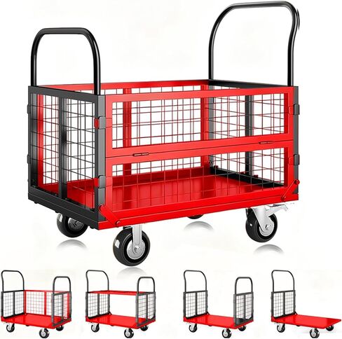 6in1 Foldable Platform Truck Cart with Cage Platform Truck,1800lbs Push Cart Dolly Capacity Flatbed Hand Truck Dolly Cart Multipurpose for Grocery, Laundry, Garage, Warehouse (Red+Black) in Kuwait