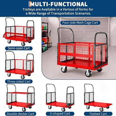 6in1 Foldable Platform Truck Cart with Cage Platform Truck,1800lbs Push Cart Dolly Capacity Flatbed Hand Truck Dolly Cart Multipurpose for Grocery, Laundry, Garage, Warehouse (Red+Black) in Kuwait