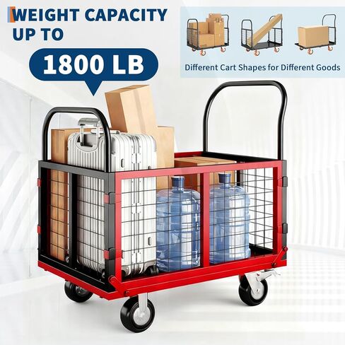 6in1 Foldable Platform Truck Cart with Cage Platform Truck,1800lbs Push Cart Dolly Capacity Flatbed Hand Truck Dolly Cart Multipurpose for Grocery, Laundry, Garage, Warehouse (Red+Black) in Kuwait