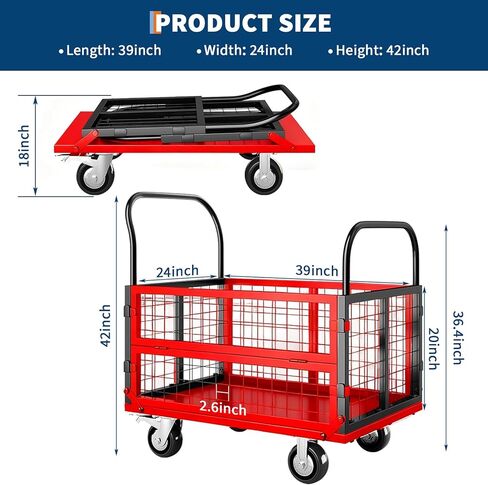 6in1 Foldable Platform Truck Cart with Cage Platform Truck,1800lbs Push Cart Dolly Capacity Flatbed Hand Truck Dolly Cart Multipurpose for Grocery, Laundry, Garage, Warehouse (Red+Black) in Kuwait