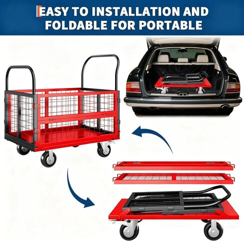 6in1 Foldable Platform Truck Cart with Cage Platform Truck,1800lbs Push Cart Dolly Capacity Flatbed Hand Truck Dolly Cart Multipurpose for Grocery, Laundry, Garage, Warehouse (Red+Black) in Kuwait