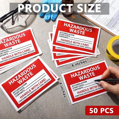 Crtiin 50 PCS Hazardous Waste Label - 6 x 4 inch Hazardous Waste Handle with Care Self Adhesive Sign Vinyl Sticker, Red and White in Kuwait