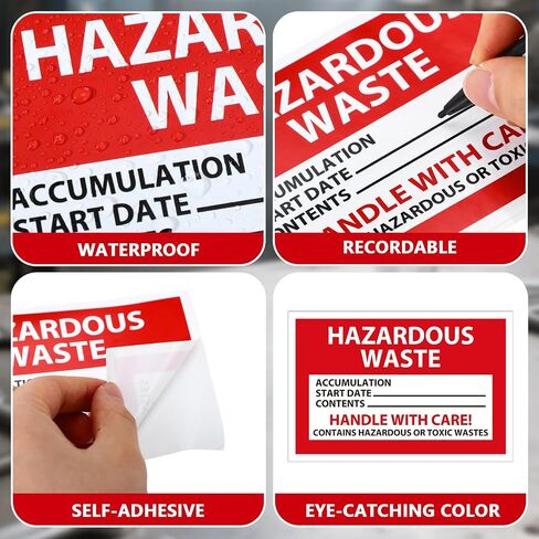Crtiin 50 PCS Hazardous Waste Label - 6 x 4 inch Hazardous Waste Handle with Care Self Adhesive Sign Vinyl Sticker, Red and White in Kuwait