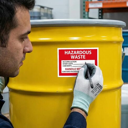 Crtiin 50 PCS Hazardous Waste Label - 6 x 4 inch Hazardous Waste Handle with Care Self Adhesive Sign Vinyl Sticker, Red and White in Kuwait