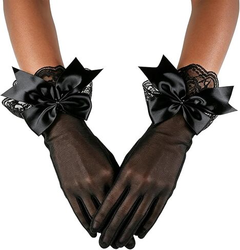 Short Lace Mesh Gloves Tulle Border with Bow Wedding Funeral Opera Tea Party Gloves for Women in Kuwait