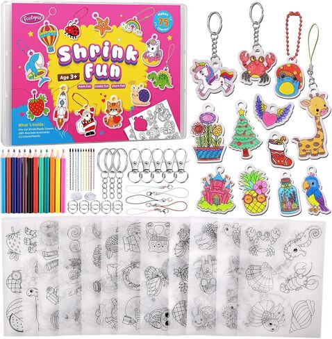 مجموعة أوراق Funtopia Shrinky Dink للأطفال، 75 قطعة من الورق المنكمش مسبقًا، مجموعة صنع سلسلة المفاتيح، 12 موضوعًا DIY صفائح بلاستيكية فنية قابلة للانكماش مع ملحقات ساحرة وسلاسل المفاتيح in Kuwait