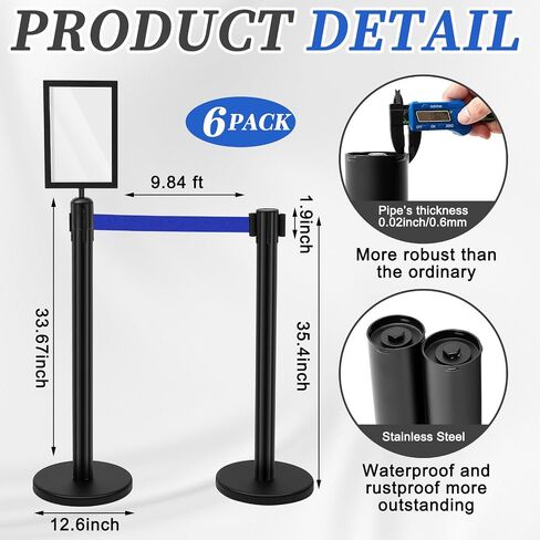 Therwen 6 Pack 9.8 ft Heavy Duty Crowd Control Stanchions Stainless Steel Stanchion Set with 6 Safety Barrier Post with Retractable Blue Belt and 1 Sign Holder Crowd Control Barrier in Kuwait