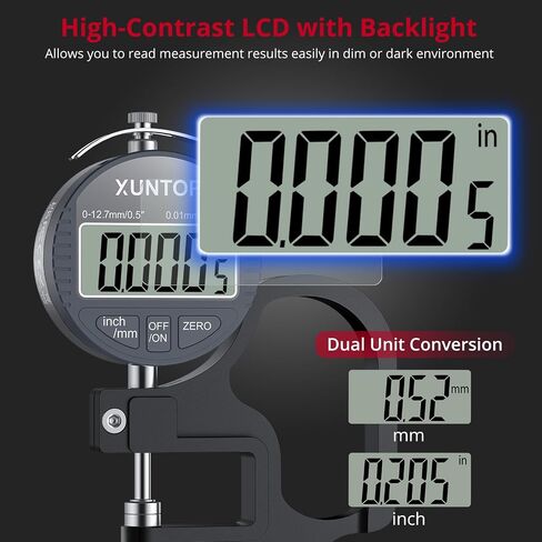مقياس سمك رقمي XUNTOP 0.5 بوصة/0.0005 بوصة (12.7 مم/0.01 مم) مقياس سمك مع شاشة LCD، تحويل الوحدة، حقيبة تخزين للأسلاك المعدنية الورقية والبلاستيكية والجلدية in Kuwait