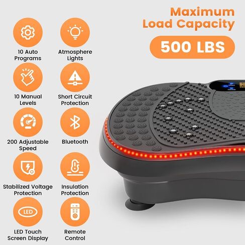 آلة تمرين لوحة اهتزاز كبيرة من POWERFUEL للتصريف اللمفاوي، لوحة اهتزاز بسعة 500 رطل مع شريط ضوئي، 200 مستوى، صوت بلوتوث، شاشة LED، معدات تمرين منزلية in Kuwait