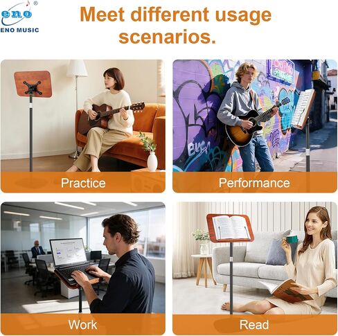 ENO MUSIC Solid Wooden Height Adjustable Music Sheet Stand for Guitar Bass Violin Ukulele Sax Players Stage Performance Music Stand, Floor Reading Stand with Page Clip for Cookbooks, Sheet Music, etc in Kuwait