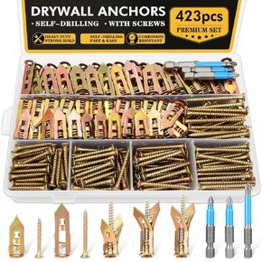 423 PCS Self Drilling Drywall Anchors with Screws Kit,2 Sizes Drywall Anchor & 5 Sizes Zinc Expansion Screws with 3 Drill Bits,Heavy Duty Metal Wall Anchors for Drywalls Shelf, Mirror, Picture Frames in Kuwait