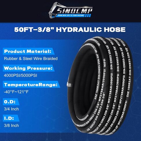 3/8 hydraulic hose 50Ft, 5000 PSI Coiled with 2 High-Tensile Steel Wire Braid, Bulk Rubber Flexible Oil Hose, 20C to 100C Hydraulic Oil Flexible Hose for Industrial Construction Agricultural in Kuwait