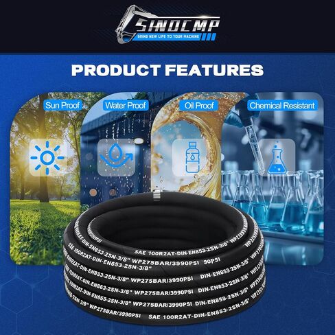 3/8 hydraulic hose 50Ft, 5000 PSI Coiled with 2 High-Tensile Steel Wire Braid, Bulk Rubber Flexible Oil Hose, 20C to 100C Hydraulic Oil Flexible Hose for Industrial Construction Agricultural in Kuwait