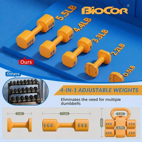 Adjustable Dumbbell Set, 4 in 1 Free Weights for Women with Fast Adjustment, Each 2.2/3.3/4.4/5.5lb Hand Weights, Compatible with Kettlebells for Home Gym Exercise & Fitness in Kuwait