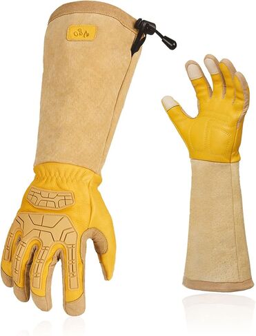 Vgo... Men's Extra-Long Leather Gardening Gloves, Gauntlet with Adjustable Cuff, Puncture & Thorn Proof, Touchscreen (CA9659) in Saudi Arabia