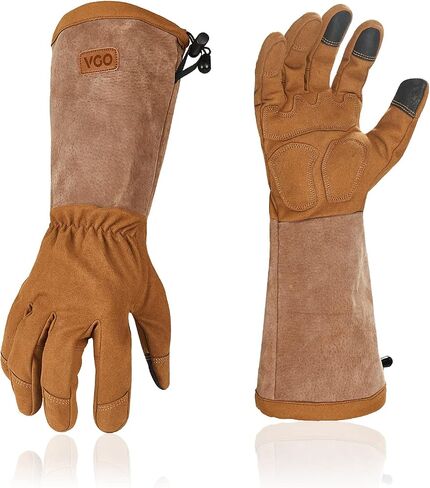 Vgo... Men's Extra-Long Leather Gardening Gloves, Gauntlet with Adjustable Cuff, Puncture & Thorn Proof, Touchscreen (CA9659) in Saudi Arabia