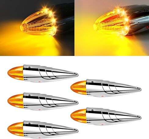 5pc Super Bright Amber Yellow LED Clear Lens Torpedo Chrome Cab Marker Top Roof Running Lights Assembly Compatible with Kenworth/Peterbilt/Freightliner/International/Mack Paccar Semi Truck in Saudi Arabia