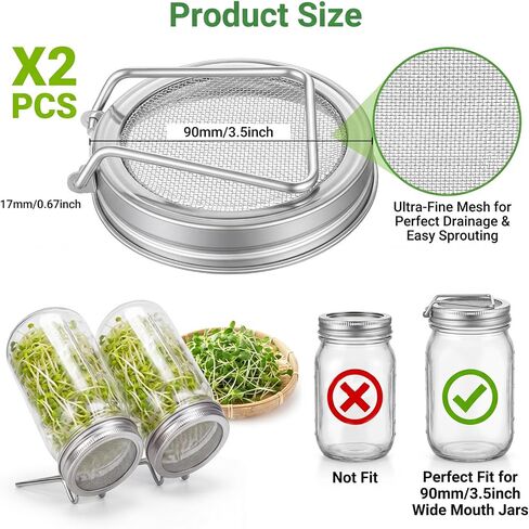 2 Pack Jar Mesh Lid, Stainless Steel Sprouting Lid with Screen for Seed & Strain (Silver, 3.39 Inch Diameter) in Kuwait