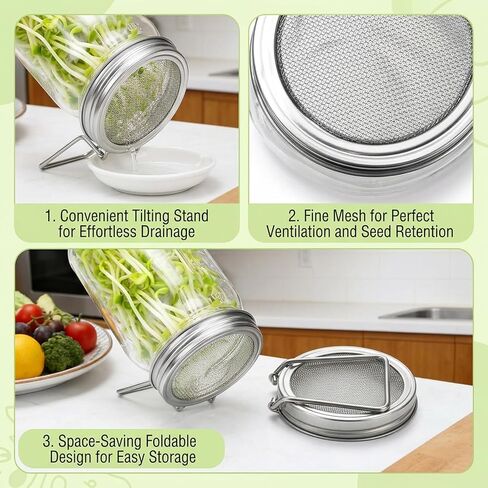 2Pcs Sprouting Jar Lids, Stainless Steel Sprouting Lid with Built-In Stand, Sprouting Lids for Wide Mouth Mason Jars, Sprouting Jar Kit for Daily Kitchen Gardening and Organic Sprouts Cultivation in Kuwait