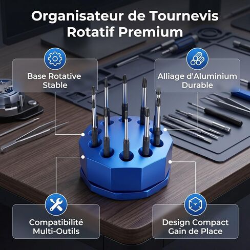 Screwdriver Storage Rack, 10 Holes Rotating Organizer Holder | Aluminum Alloy Anti-Slip Base, Space Saving Design for Workshop, Garage, Tool Bench in Kuwait